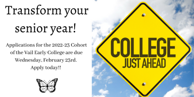 Transform your senior year. Application are being accepted until midnight on February 23, 2022. Apply Today!  College Just Ahead
