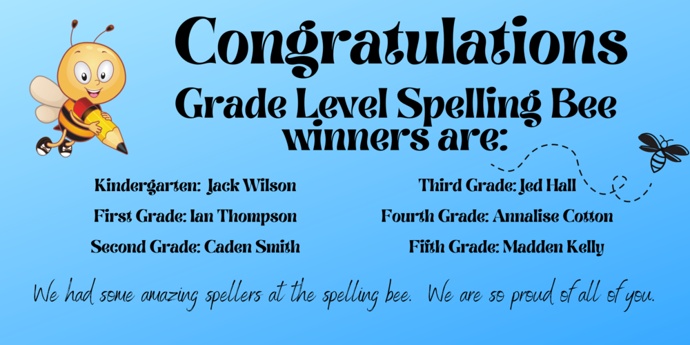 List of grade level spelling bee winners.