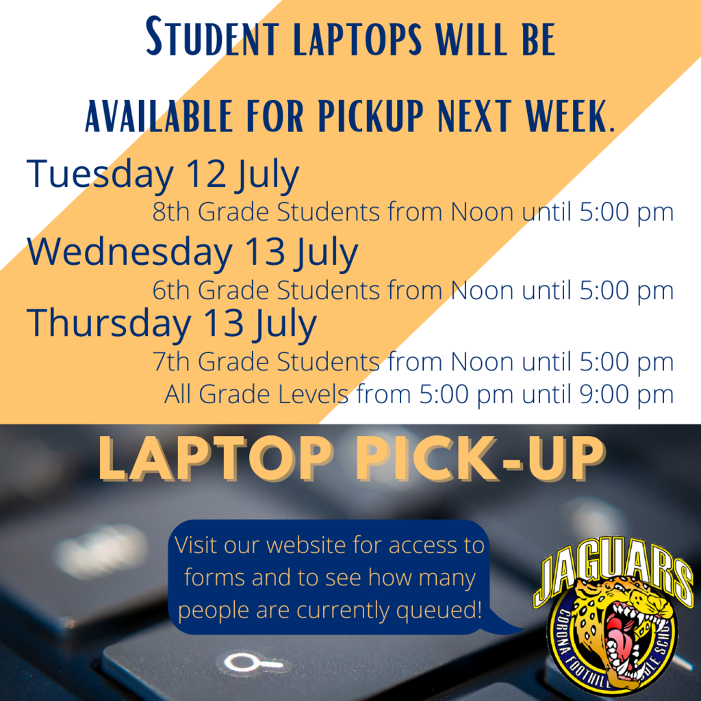 We are distributing student ChromeBooks on the following dates and times:  Tuesday 12 July  8th Grade Students from Noon until 5:00 pm  Wednesday 13 July  6th Grade Students from Noon until 5:00 pm  Thursday 14 July  7th Grade Students from Noon until 5:00 pm  All Grade Levels from 5:00 pm until 9:00 pm