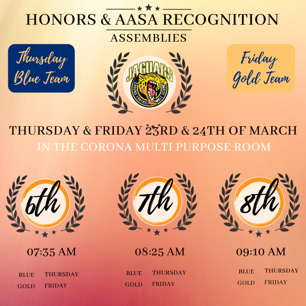 Join us after the break for our Quarter 3 Honor Roll and AASA Recognition assemblies!  Thursday, March 23rd, 2023 7:35 am – 6th Grade Blue Team 8:25 am – 7th Grade Blue Team 9:10 am – 8th Grade Blue Team  Friday, March 24th, 2023 7:35 am – 6th Grade Gold Team 8:25 am – 7th Grade Gold Team 9:10 am – 8th Grade Gold Team