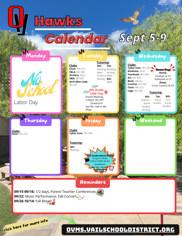 Hawks Weekly Calendar Old Vail Middle School